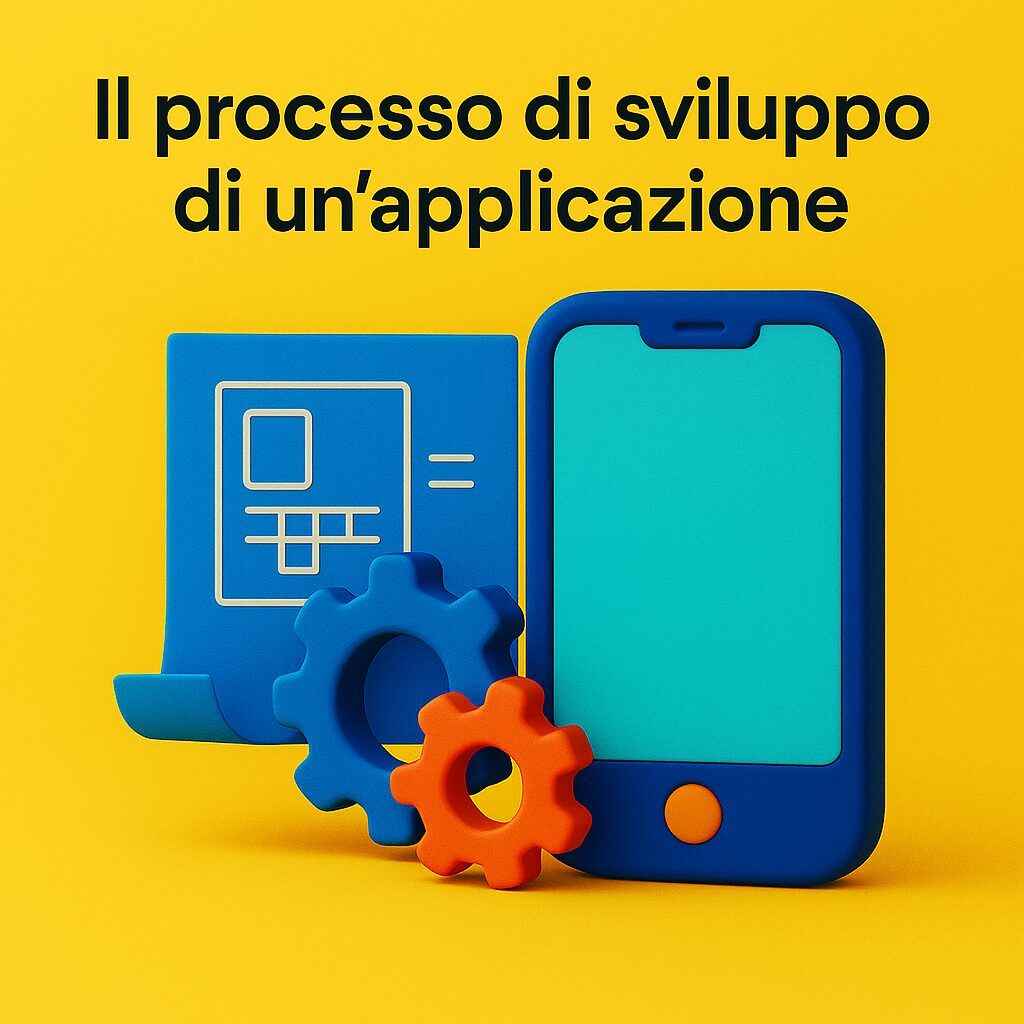 Illustrazione 3D in flat design di un mockup di app (smartphone) affiancato a un blueprint con wireframe e ingranaggi, su sfondo giallo, a simboleggiare il processo di sviluppo di un’applicazione.
