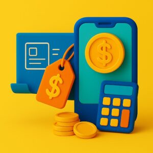 llustrazione 3D in flat design che mostra uno smartphone affiancato a un blueprint, a un tag prezzo, a monete e a una calcolatrice su sfondo giallo, per rappresentare i costi di sviluppo di un’applicazione.