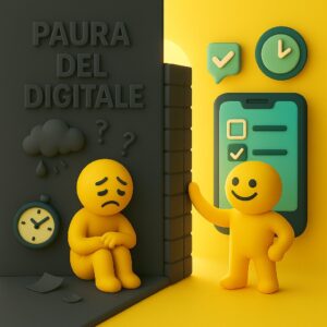 Omino triste davanti a un muro con la scritta "Paura del digitale", mentre dall'altra parte un altro omino sorride in un ambiente ordinato e digitale