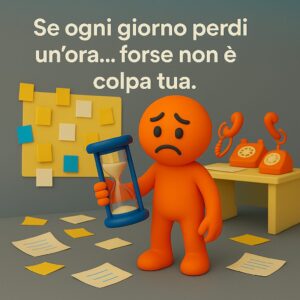 Omino arancione triste con una clessidra in mano, circondato da fogli sparsi e telefoni, simbolo della perdita di tempo in azienda