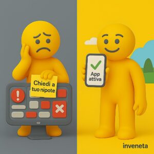Confronto tra un imprenditore spaesato davanti a un software complicato e uno sereno con un’app intuitiva attiva