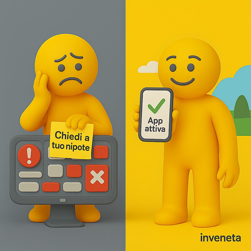 Confronto tra un imprenditore spaesato davanti a un software complicato e uno sereno con un’app intuitiva attiva
