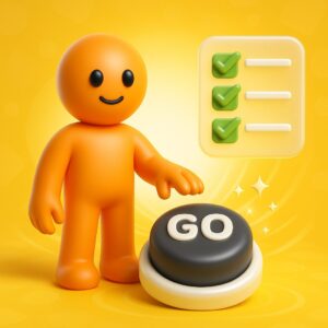 Omino arancione in stile emoji 3D con espressione rassicurante che sta per premere un grande pulsante GO, accanto a una checklist completata, su sfondo giallo. Illustrazione metaforica della fase di rilascio e pubblicazione di un’app aziendale.
