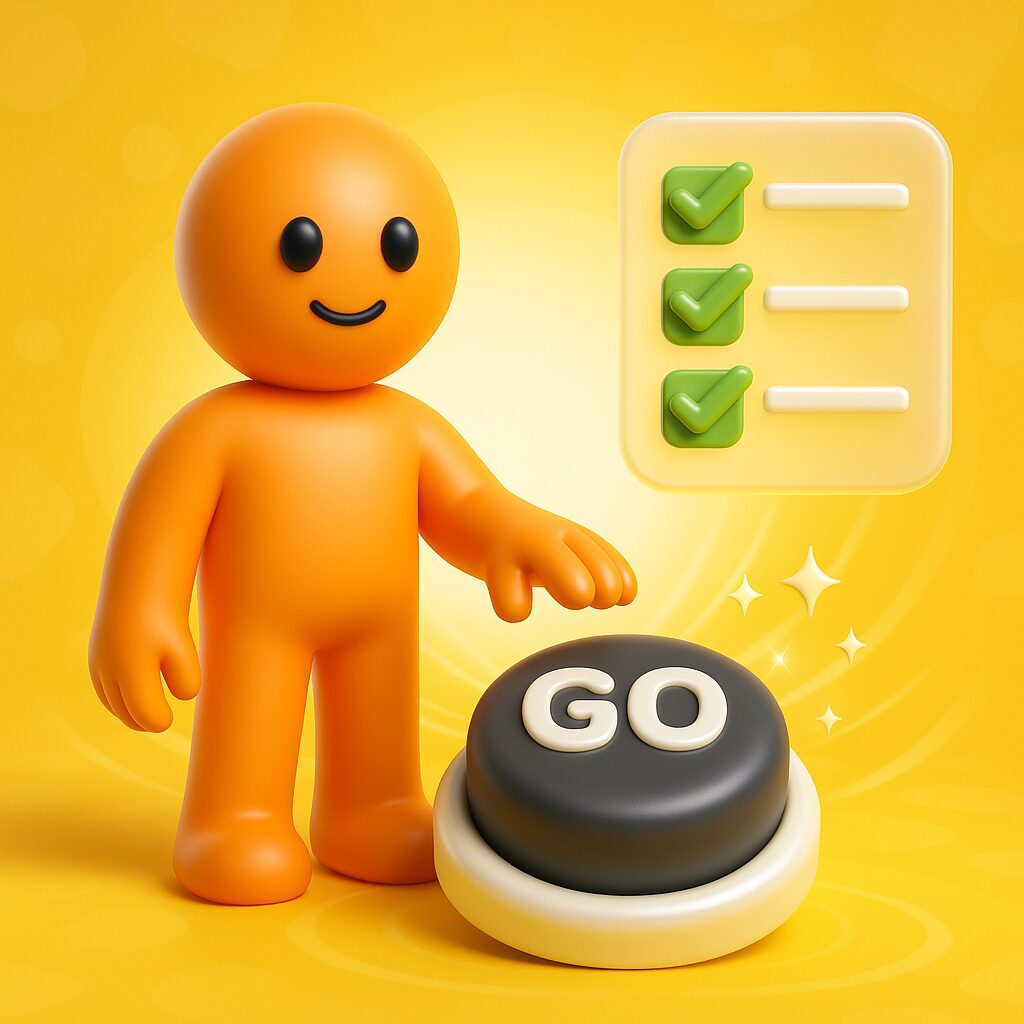 Omino arancione in stile emoji 3D con espressione rassicurante che sta per premere un grande pulsante GO, accanto a una checklist completata, su sfondo giallo. Illustrazione metaforica della fase di rilascio e pubblicazione di un’app aziendale.