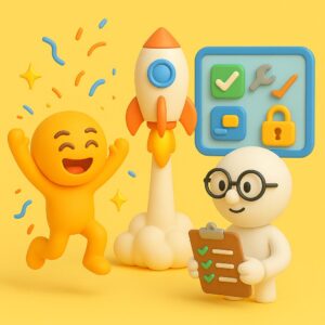 Due personaggi emoji celebrano il lancio di un'app con un razzo, checklist e icone di manutenzione e sicurezza