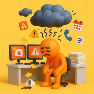 Omino arancione seduto alla scrivania, affaticato, con una nuvola scura sopra la testa e icone digitali fluttuanti che simboleggiano il sovraccarico decisionale tipico della gestione manuale nelle PMI.