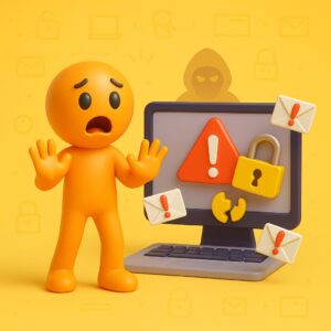 Rischi informatici per PMI: omino Inveneta davanti a un computer con allerta digitale, phishing e lucchetto rotto