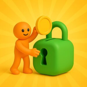 Omino 3D arancione in stile emoji inserisce una moneta in un grande lucchetto verde su sfondo giallo