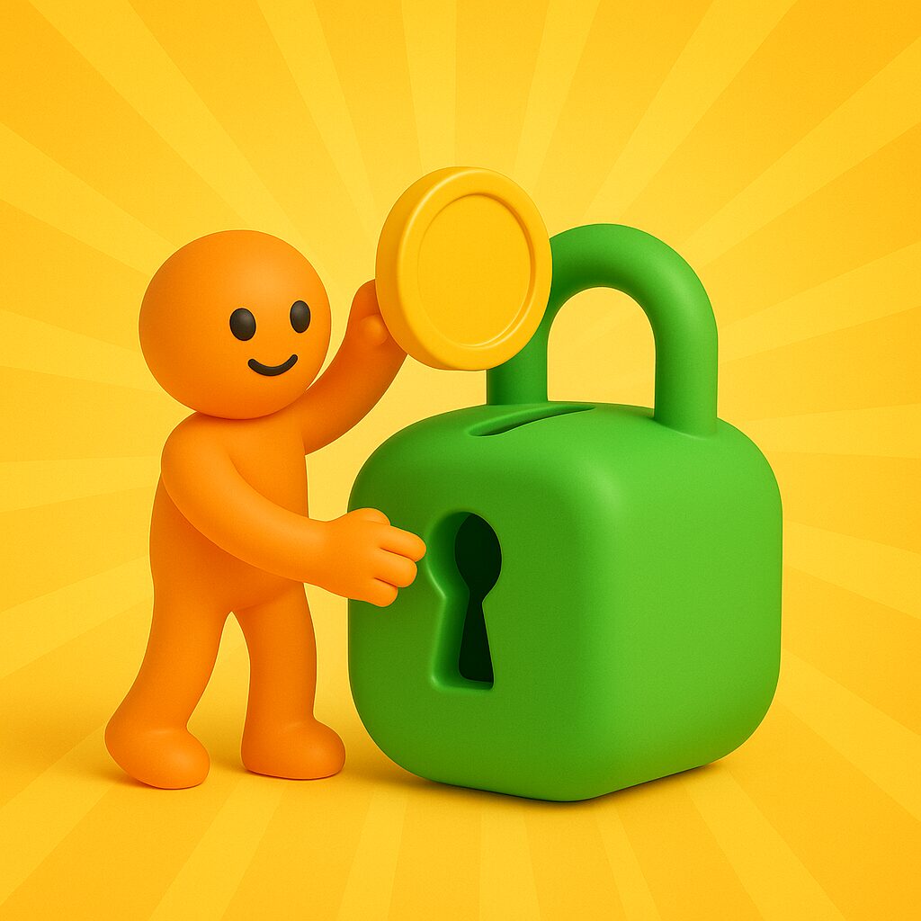 Omino 3D arancione in stile emoji inserisce una moneta in un grande lucchetto verde su sfondo giallo