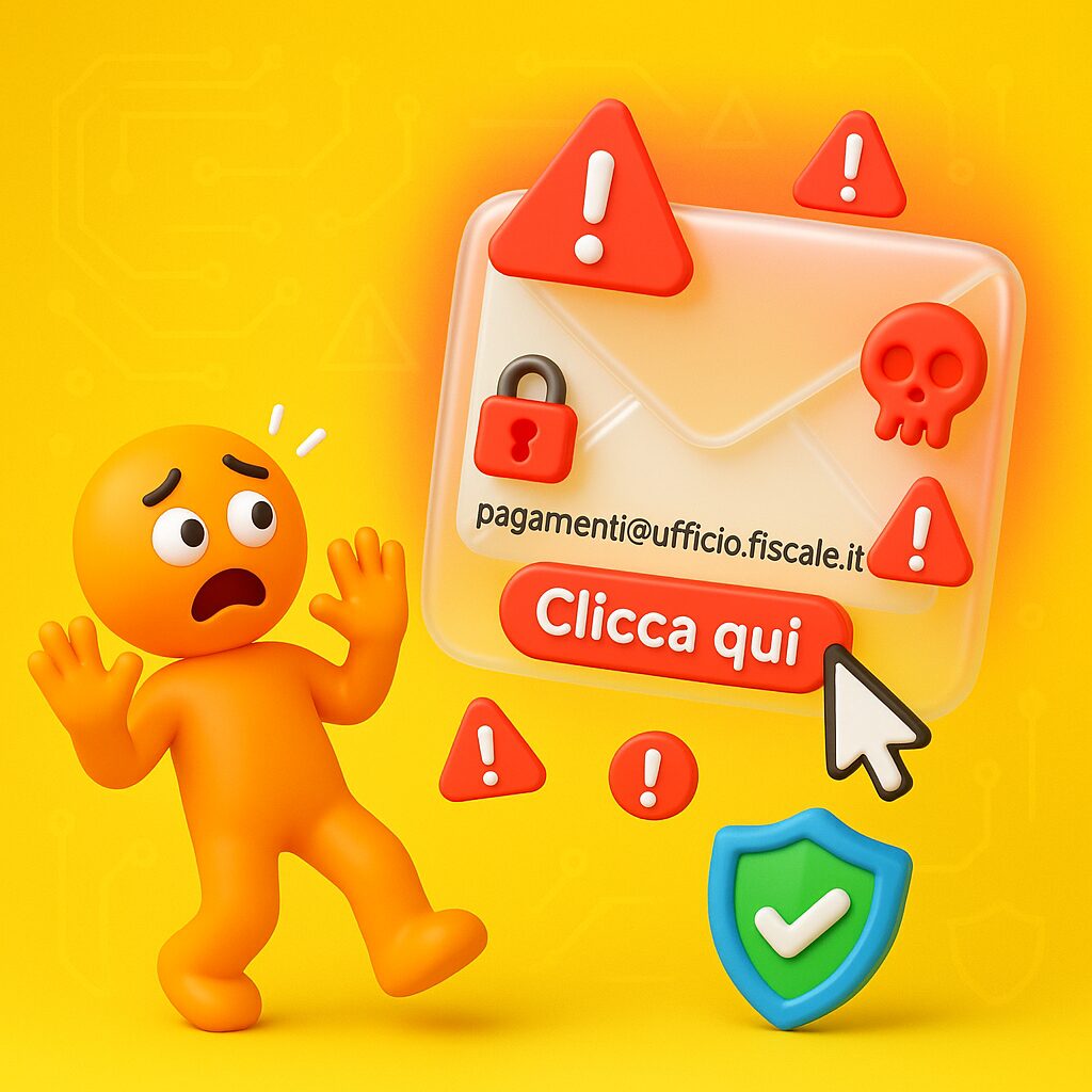 Omino arancione emoji-style spaventato davanti a un’email di phishing con simboli di pericolo e bottone “Clicca qui” su sfondo giallo