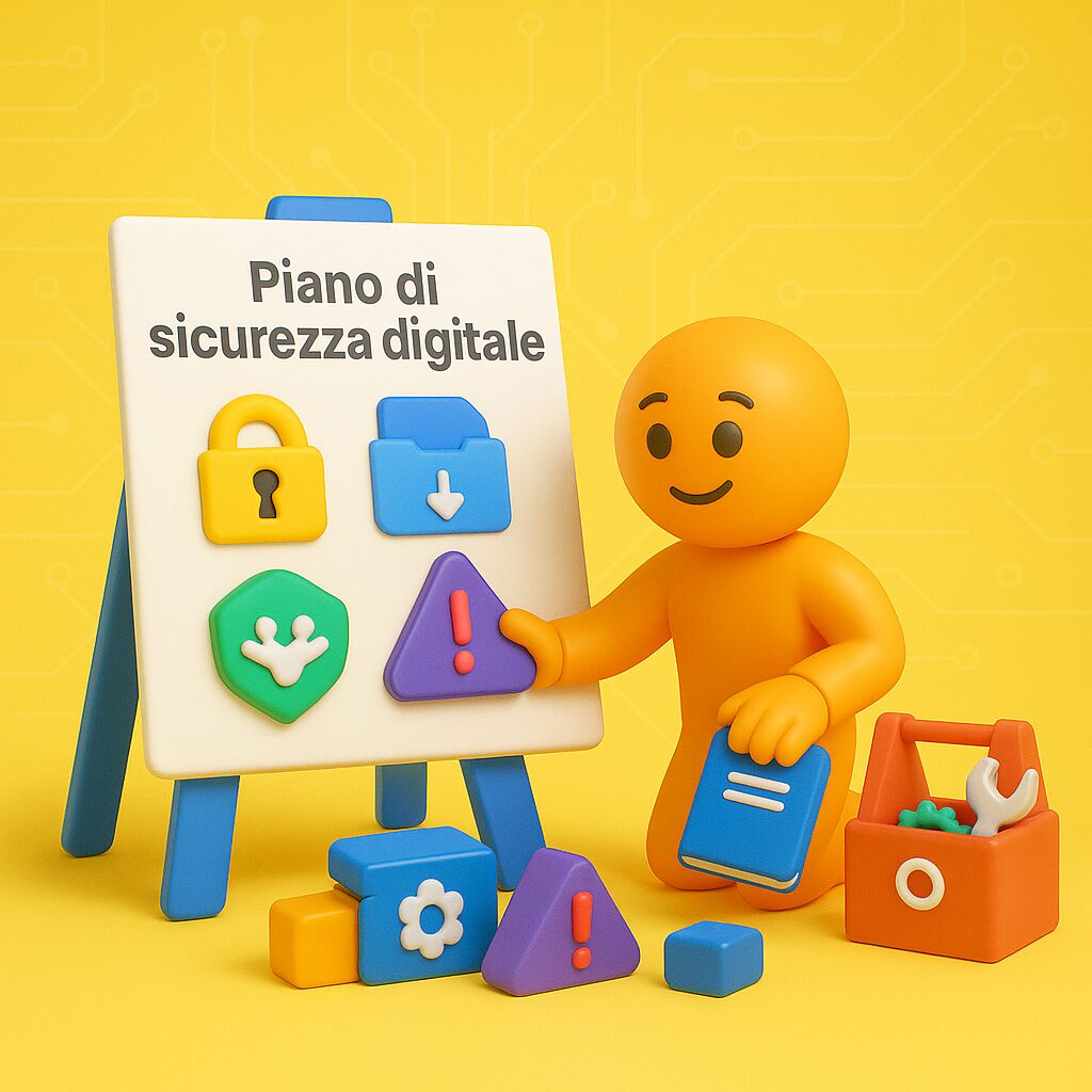Omino arancione emoji-style costruisce un piano di sicurezza digitale su lavagna con blocchi 3D colorati, su sfondo giallo.
