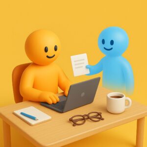 Omino arancione che lavora al computer con accanto un assistente digitale blu che porge un foglio, concetto di collaborazione tra intelligenza artificiale e persona, stile emoji 3D plastico