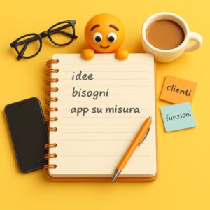Su uno sfondo giallo acceso, un quaderno spiralato aperto mostra le parole ‘idee’, ‘bisogni’ e ‘app su misura’. Accanto, un’emoji sorridente spunta da dietro il quaderno. In alto a sinistra occhiali da vista, in basso a sinistra uno smartphone spento, a destra una tazza di caffè fumante. Due post-it riportano ‘clienti’ e ‘funzioni’, e in primo piano una penna arancione giace sul quaderno.
