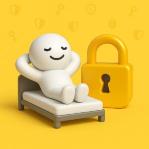Omino bianco rilassato su un letto accanto a un grande lucchetto giallo su sfondo giallo con icone di sicurezza: rappresentazione della sicurezza digitale per PMI