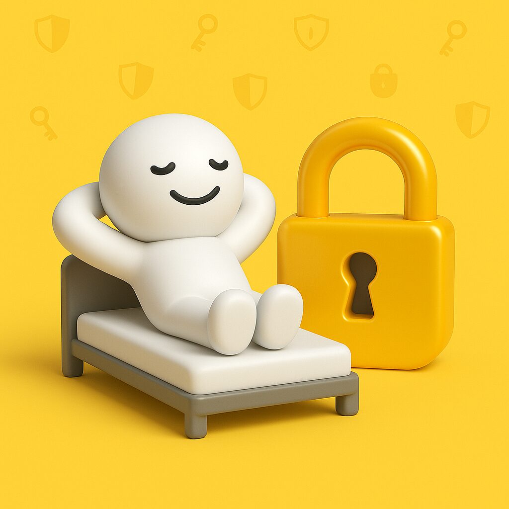 Omino bianco rilassato su un letto accanto a un grande lucchetto giallo su sfondo giallo con icone di sicurezza: rappresentazione della sicurezza digitale per PMI