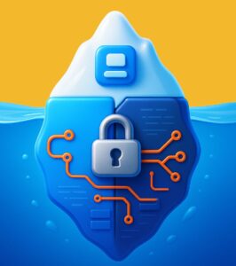 Illustrazione 3D di un iceberg blu con lucchetto e circuiti arancioni, a rappresentare la complessità nascosta dello sviluppo tecnico di un’app.