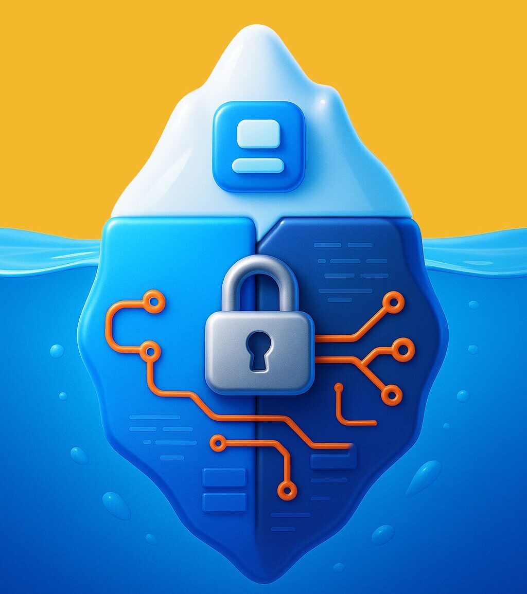 Illustrazione 3D di un iceberg blu con lucchetto e circuiti arancioni, a rappresentare la complessità nascosta dello sviluppo tecnico di un’app.