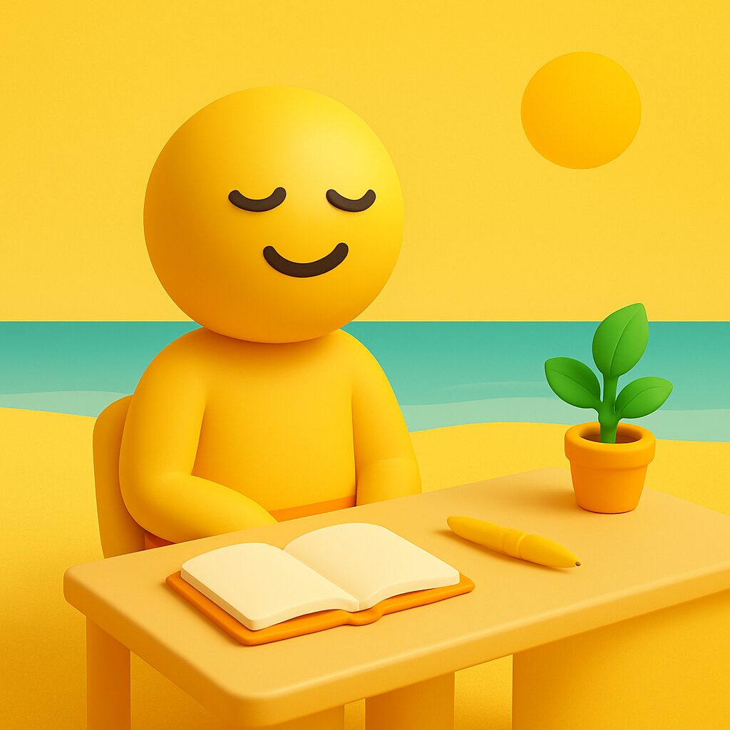 Omino emoji-style sulla spiaggia sorride mentre sistema cartelle digitali, simbolo di ordine e chiarezza mentale durante le ferie