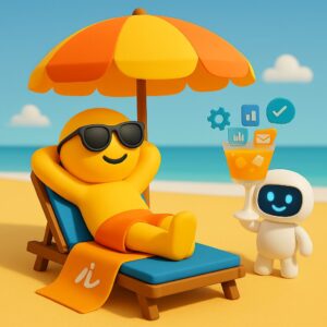 Imprenditore in vacanza su una spiaggia assolata che utilizza un tablet per sperimentare strumenti di intelligenza artificiale, in uno stile 3D emoji allegro e colorato.
