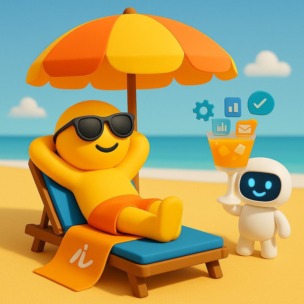Imprenditore in vacanza su una spiaggia assolata che utilizza un tablet per sperimentare strumenti di intelligenza artificiale, in uno stile 3D emoji allegro e colorato.