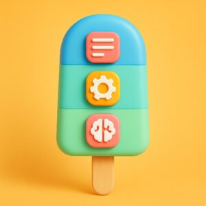 Ghiacciolo colorato in stile emoji 3D su sfondo giallo, simbolo delle app aziendali rinfrescanti e funzionali