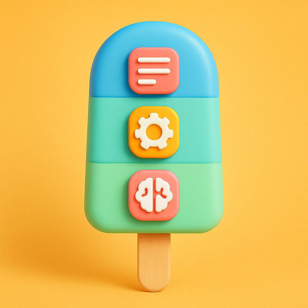Ghiacciolo colorato in stile emoji 3D su sfondo giallo, simbolo delle app aziendali rinfrescanti e funzionali