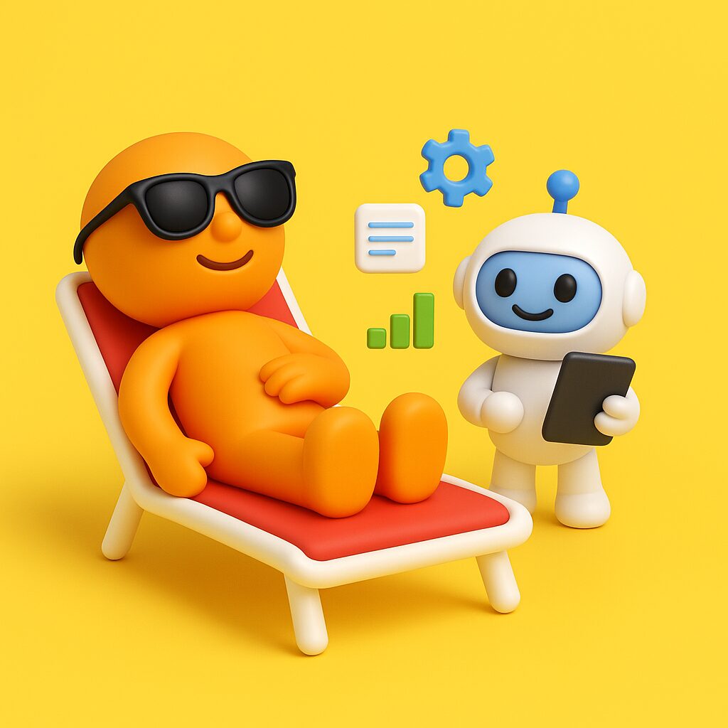 Omino arancione Inveneta con occhiali da sole sdraiato su lettino, mentre un robot-IA lavora con un tablet. Icone fluttuanti rappresentano automazione e produttività.
