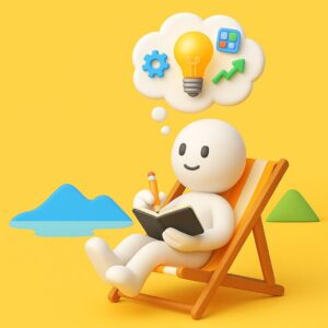 Omino emoji-style rilassato in vacanza che prende appunti, con una lampadina sopra la testa per simboleggiare l’atto di raccogliere idee