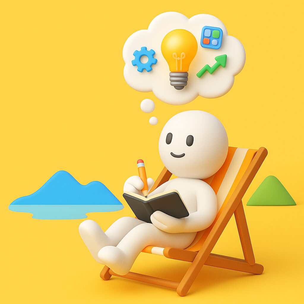 Omino emoji-style rilassato in vacanza che prende appunti, con una lampadina sopra la testa per simboleggiare l’atto di raccogliere idee