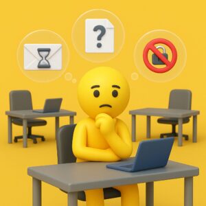 Omino emoji-style in ufficio vuoto, seduto pensieroso davanti a un laptop con simboli di attesa, file e accesso negato: un modo visivo per rappresentare i problemi nascosti in azienda.
