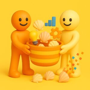 Due omini emoji-style in 3D, uno arancione e uno giallo, tengono una cesta da cui escono conchiglie e icone digitali. Alcune conchiglie a terra si trasformano in pixel colorati che volano verso l’alto. Sfondo giallo pieno, composizione simmetrica e plastica, in stile Inveneta.