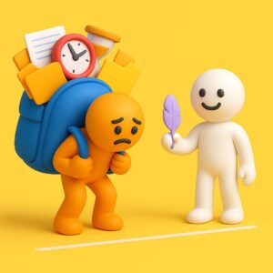 Omino arancione piegato sotto uno zaino pieno di icone e accanto un omino bianco rilassato con una piuma in mano, su sfondo giallo