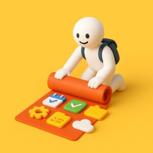 Omino bianco emoji-style con zainetto srotola un tappeto arancione pieno di icone digitali ordinate su sfondo giallo