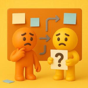 Due omini emoji-style confusi davanti a una bacheca disordinata con frecce e post-it, a rappresentare il problema delle decisioni non tracciate in azienda.
