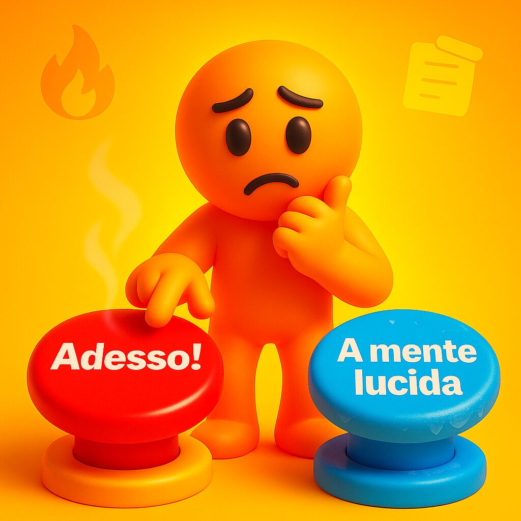 Omino emoji-style indeciso tra un pulsante rosso con scritto "Adesso!" e uno blu con "A mente lucida", simbolo delle decisioni a caldo e a freddo.