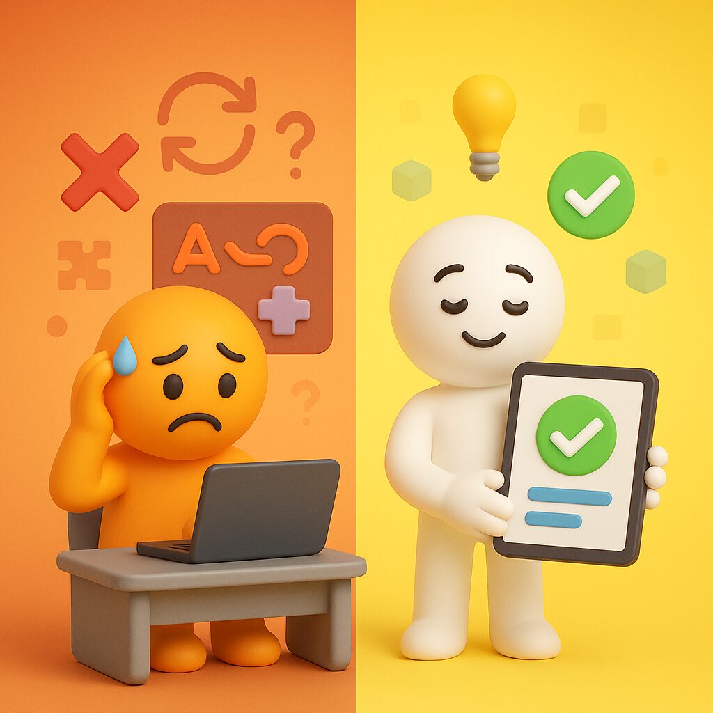 Due personaggi emoji-style a confronto: a sinistra un omino arancione stressato al computer, circondato da simboli di errore e confusione; a destra un omino bianco sereno con un tablet che mostra un segno di spunta, simbolo di successo e chiarezza.