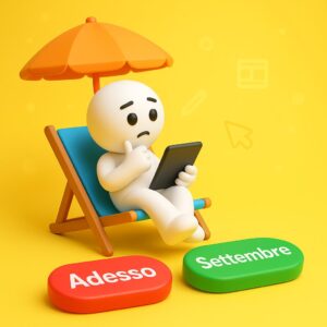 Illustrazione 3D di un imprenditore seduto su una sdraio che riflette davanti a due pulsanti, con sfondo giallo – concetto di gestione decisioni aziendali estate