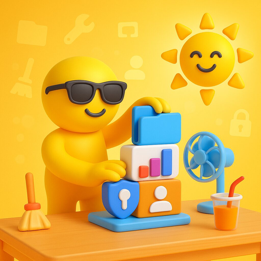 Omino giallo Inveneta con occhiali da sole che riordina icone digitali su una scrivania estiva