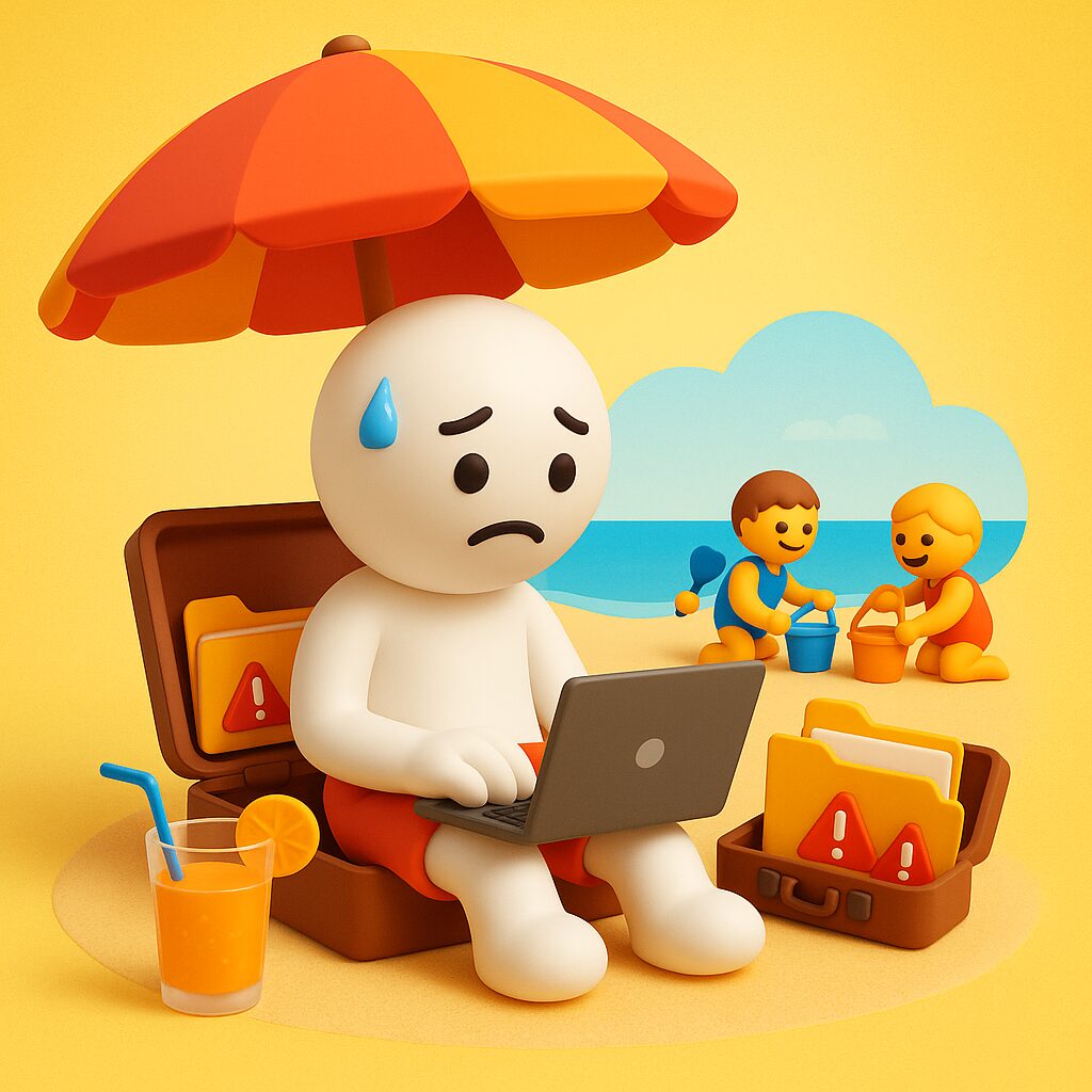 Omino emoji-style seduto sotto un ombrellone in spiaggia, lavora al computer con espressione affaticata; valigette piene di cartelle con simboli di errore accanto a lui, mentre sullo sfondo due bambini giocano sereni con la sabbia.