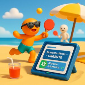 Omino arancione Inveneta gioca a ping pong sulla spiaggia mentre un tablet mostra una richiesta cliente urgente con risposta automatica attivata.