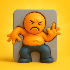 Omino 3D arancione in stile emoji, visibilmente a disagio, compresso in una sagoma grigia troppo stretta, su sfondo giallo.
