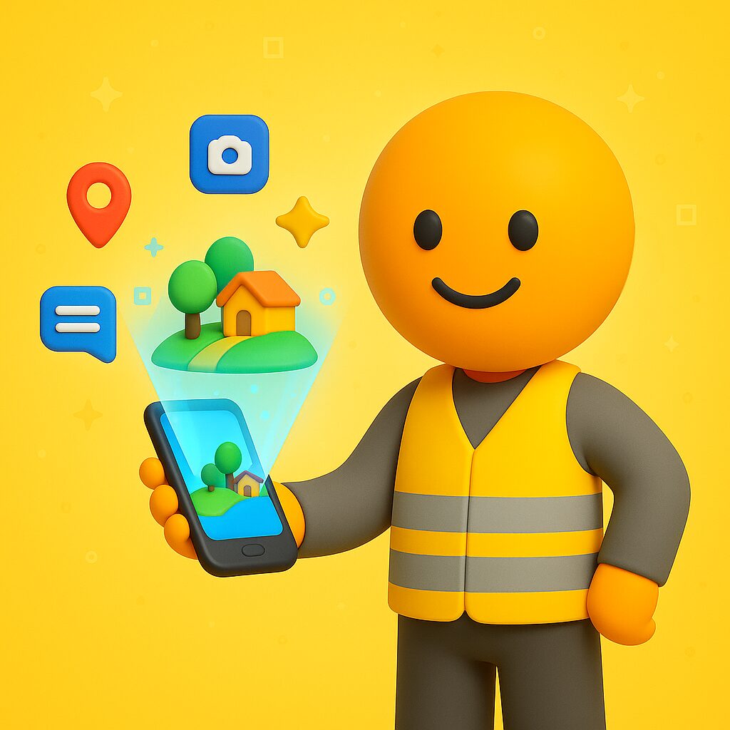 Omino emoji‐style arancione con gilet giallo-grigio che mostra uno smartphone da cui esce ologramma di paesaggio con casa, collina e alberi, su sfondo giallo con icone digitali stilizzate.