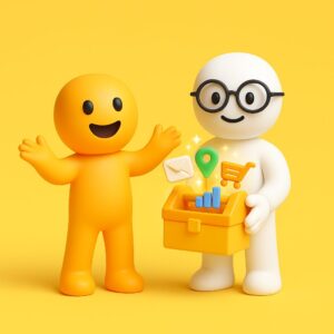 Omino bianco con occhiali tiene una cassetta degli attrezzi AI luminosa con icone digitali, accanto a un omino arancione entusiasta.