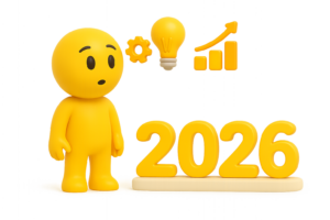 «Omino 3D giallo in stile emoji Invenetapp osserva tre icone digitali sospese davanti a sé: un ingranaggio, una lampadina e un grafico in crescita. Accanto a lui, la scritta 3D “2026” su una base bianca. Palette giallo/arancione, materiali morbidi e atmosfera luminosa.»