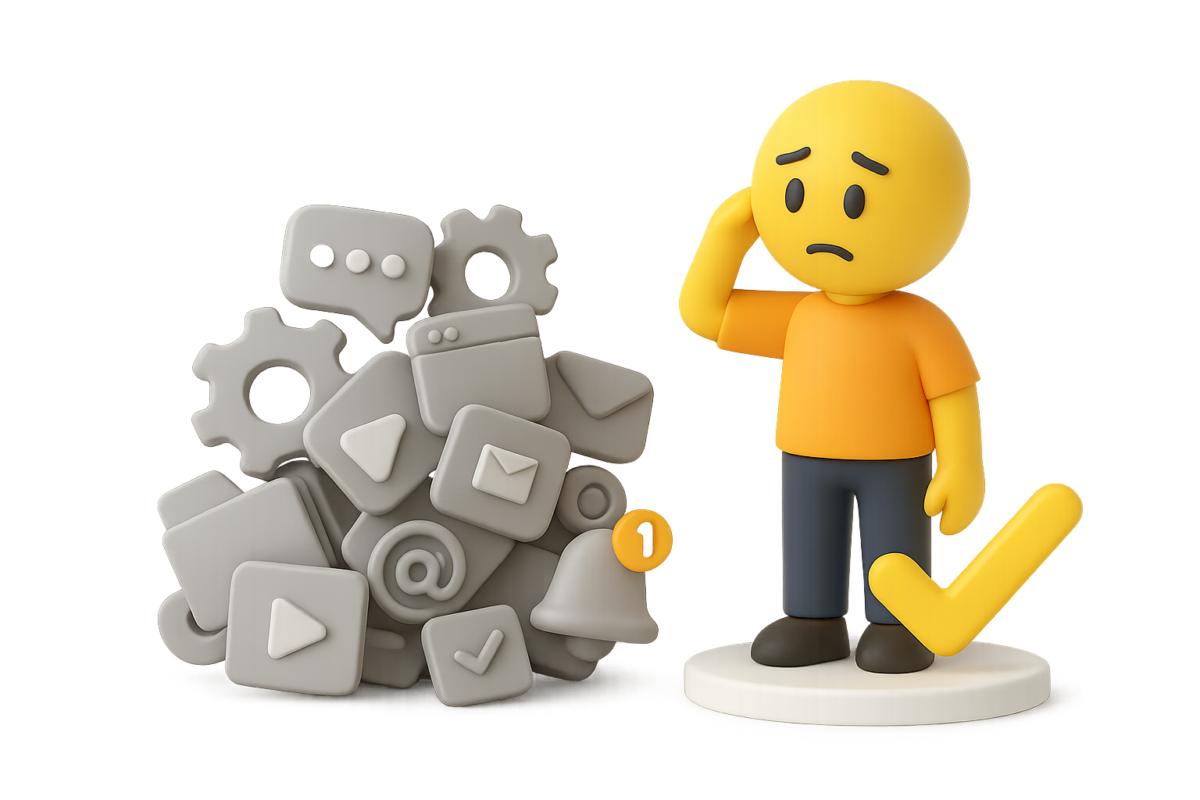 Omino 3D confuso davanti a una pila disordinata di icone digitali, con una spunta gialla che rappresenta la chiarezza.