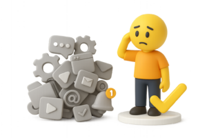 Omino 3D confuso davanti a una pila disordinata di icone digitali, con una spunta gialla che rappresenta la chiarezza.