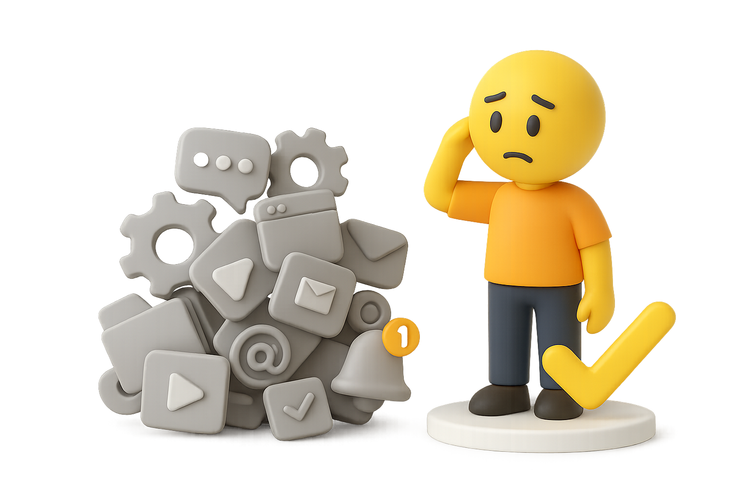 Omino 3D confuso davanti a una pila disordinata di icone digitali, con una spunta gialla che rappresenta la chiarezza.