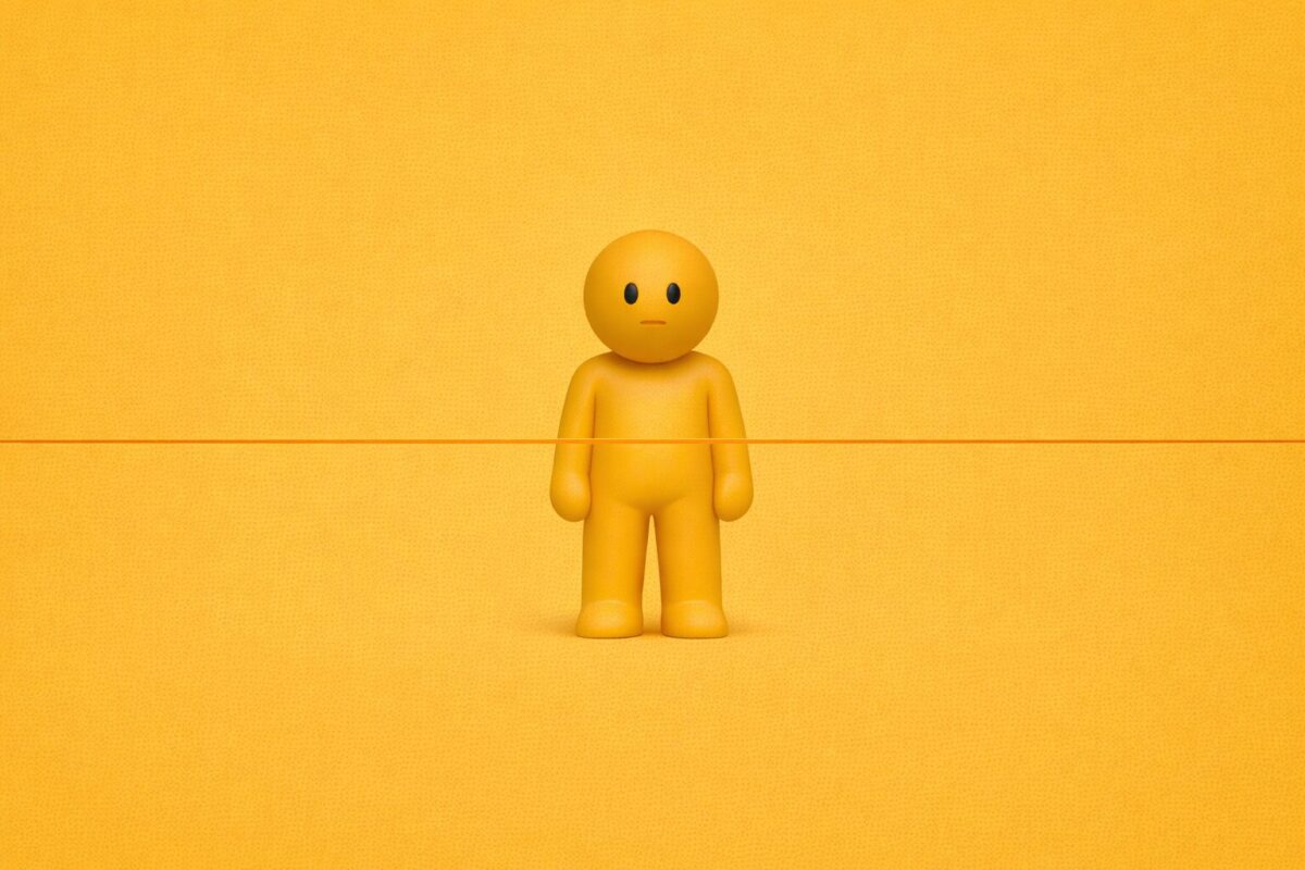 Illustrazione concettuale in stile Invenetapp: un omino giallo fermo e stabile, attraversato da una sottile linea arancione che rappresenta il momento di soglia prima del cambiamento. L’immagine comunica controllo, possibilità e resistenza come forma di protezione, non come blocco.