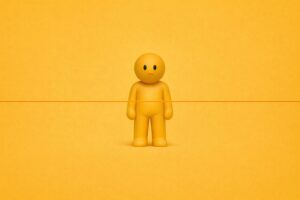 Illustrazione concettuale in stile Invenetapp: un omino giallo fermo e stabile, attraversato da una sottile linea arancione che rappresenta il momento di soglia prima del cambiamento. L’immagine comunica controllo, possibilità e resistenza come forma di protezione, non come blocco.